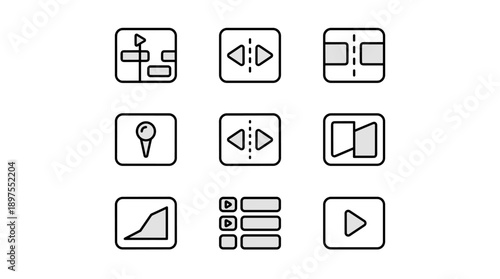 Minimalist Vector Icon Set for Video Editing and Post-Production Software Interfaces Featuring Timeline Tools, Playback Controls, Split, Trim, Marker, and Media Management Symbols on White Background