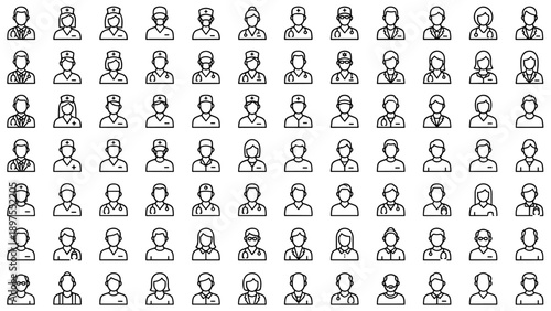 Comprehensive Collection of Medical Staff and Avatar Line Icons. Minimalist Vector Set Featuring Doctors, Nurses, Surgeons, and Healthcare Professionals for UI Design and Web Applications.