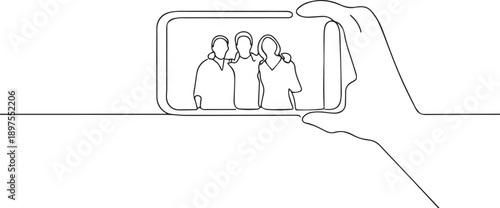 People taking selfie one continuous line art, Vector illustration, One line art, Line art graphic style