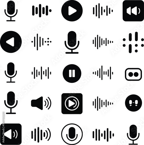 A collection of black and white audio and video icons