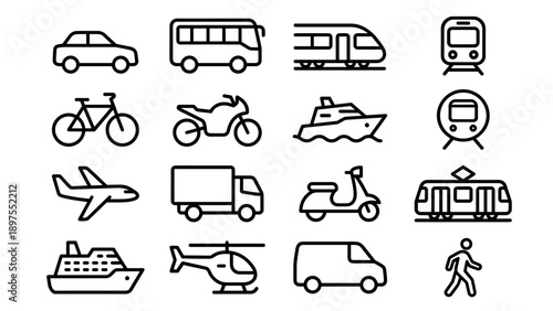 Comprehensive collection of 16 transportation and travel line icons featuring car, bus, train, subway, bicycle, motorcycle, boat, airplane, truck, scooter, tram, ship, helicopter, and van.