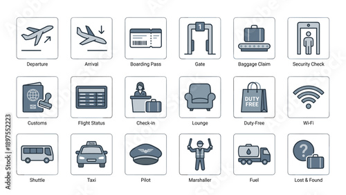 Comprehensive Set of 18 Professional Airport and Flight Line Icons for Travel and Aviation Services, Featuring Departure, Arrival, Boarding Pass, Gate, Baggage Claim, Security Check, and Customs.