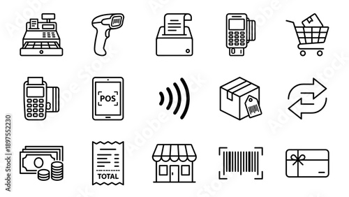 Minimalist Set of 15 Point of Sale Line Icons for Retail Business Featuring Cash Register, Barcode Scanner, Receipt Printer, POS Terminal, Shopping Cart, Contactless Payment, Cash, and Storefront.