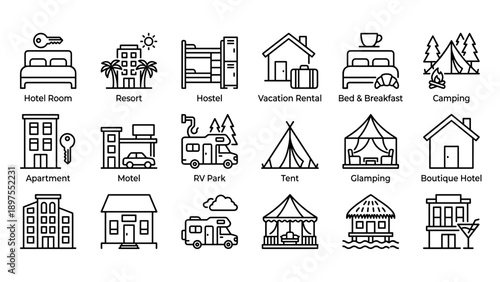 Comprehensive Set of 15 Accommodation Line Icons for Travel and Tourism, Featuring Hotel Room, Resort, Hostel, Vacation Rental, Bed and Breakfast, Camping, Apartment, Motel, RV Park, and Tent.