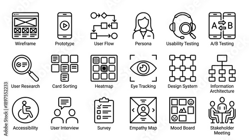 Professional Set of 18 UX Design Line Icons for User Experience Research and UI Design Process featuring Wireframe, Prototype, User Flow, Persona, Usability Testing, and Information Architecture.