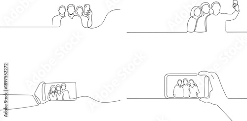 A set of People taking selfie one continuous line art, Vector illustration, One line art, Line art graphic style