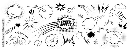 Superhero comic explosion effect vector kit contains speed lines, burst smoke, impact frame. Pop cartoon element bundle for animation, doodle air effect. Explosive comic speed line kit.