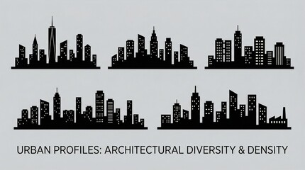 "Black silhouette urban skylines showing architectural diversity"