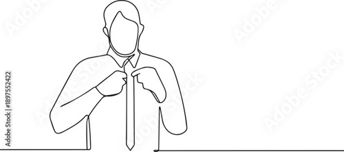 Man adjusting tie one continuous line art, Vector illustration, One line art, Line art graphic style