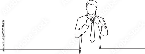 Man adjusting tie one continuous line art, Vector illustration, One line art, Line art graphic style