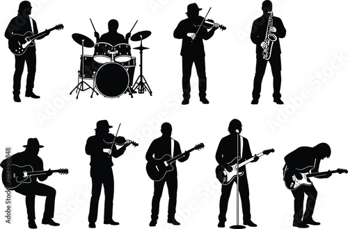 Black silhouette musicians set, band playing instruments like guitar, drums, violin, saxophone, musical performance silhouettes, concert orchestra elements isolated on white background.