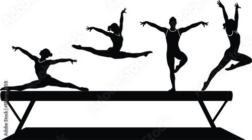 Gymnastics silhouette set of female gymnasts performing balance beam routines, splits, and artistic poses for sports competition, fitness training, and athletic vector illustration.