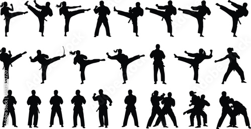 Martial arts silhouette set of karate and taekwondo fighters performing kicks, punches, and combat poses for sports training, dojo fitness, and competition vector illustration.