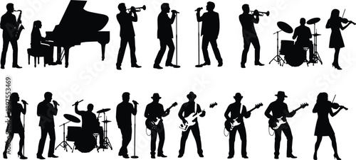 Musical band silhouette set of performers playing guitar, piano, drums, and saxophone for live concert, jazz club, music festival, and entertainment vector illustration