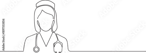 Female doctor one continuous line art, Vector illustration, One line art, Line art graphic style