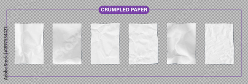 White crumpled paper sheet wrinkle effect background texture overlay. Vector clipart bundle kit for poster design, memo write document bundle. Crumple effect overlay set on like transparent png bg