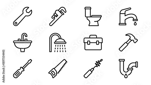 Set of 12 Minimalist Plumbing and Home Repair Line Icons Including Wrench, Pipe Wrench, Toilet, Faucet, Sink, Shower, Toolbox, Hammer, Screwdriver, Saw, Drain Snake, and Leaking Pipe Trap Vector.