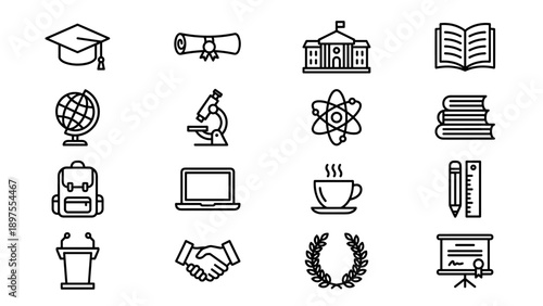 Minimalist Vector Set of 16 University and Graduation Line Icons with Uniform Stroke Width. Features Academic Symbols like Graduation Cap, Diploma, Books, Microscope, Laptop, and Certificate.