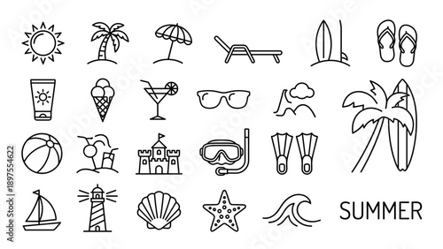 Vector Set of Summer Beach Holiday Line Icons Featuring Sun, Palm Tree, Umbrella, Deck Chair, Surfboard, Flip-flops, Sunscreen, Ice Cream, Cocktail, Sunglasses, Sandcastle, Snorkel, and Sailboat.