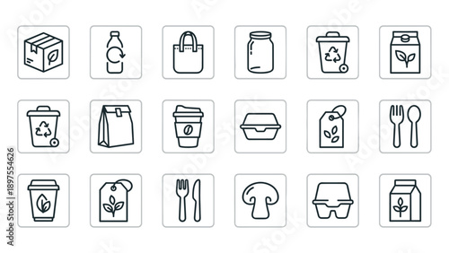 Minimalist Vector Set of Eco-Friendly Packaging Line Icons Featuring Recyclable Boxes, Bottles, Bags, Bins, Coffee Cups, and Cutlery for Sustainable Living, Zero Waste, and Green Environment.