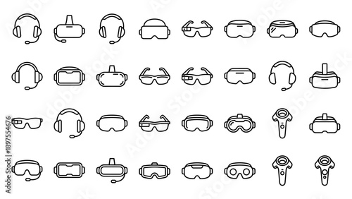 Vector Set of Virtual Reality and AR Headsets Line Icons in Minimalistic Style. Collection of VR Goggles, Augmented Reality Glasses, and Gaming Controllers on White Background for Tech Design.