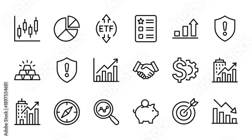 Professional vector icon set for investment and stock market trading featuring candlestick charts, ETF, risk shield, growth graphs, gold bars, handshake, piggy bank, and financial analysis.