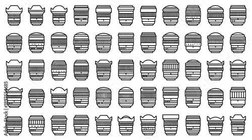 Vector set of photography camera lens line icons in a minimalistic style. Large collection of unique camera optics, zoom, and prime lens symbols for photography apps, web design, and branding.