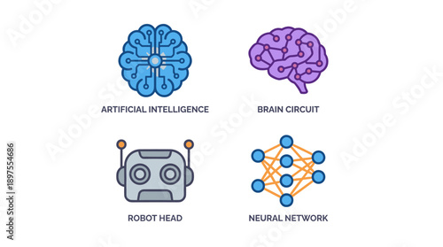 Flat design icon set featuring artificial intelligence concepts including a digital brain circuit, robotic head, and neural network structure on a white background for technology and AI projects.