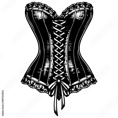 Black and white vintage engraved illustration of a lace-up corset with lace trim and ribbon bow, Victorian lingerie style line art isolated on a white background.