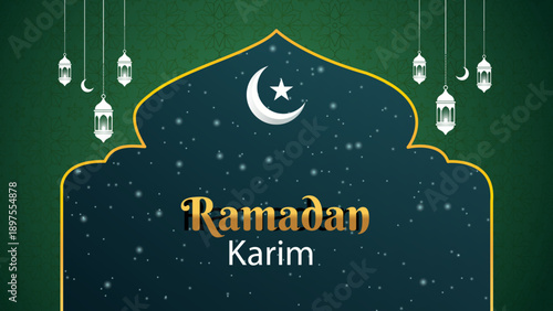 Ramadan Karim greeting card with crescent moon and lanterns vector illustration