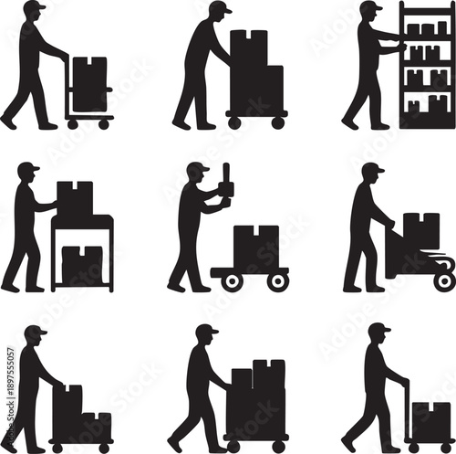Dynamic silhouettes of workers transporting various goods and packages with dollies and hand trucks, illustrating efficient logistics, delivery, and warehouse operations