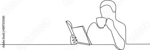 Person reading book one continuous line art, Vector illustration, One line art, Line art graphic style