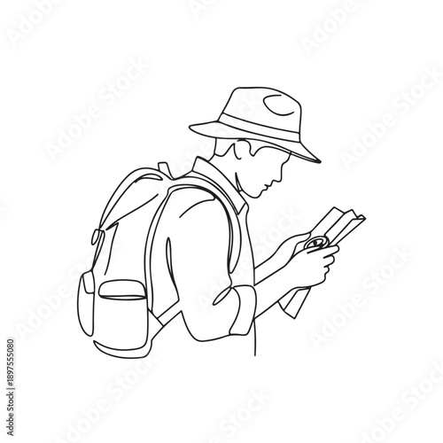 Hiker with map in minimalist line art style in monochrome with simple background for adventure travel