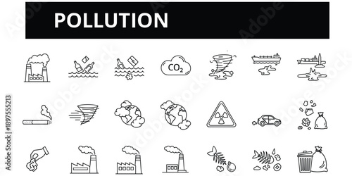Collection of black and white pollution and environmental hazard icons Keywords: pollution, environment, hazard, icons, symbols