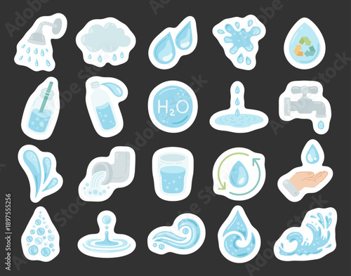 Fresh water set in scandinavian style featuring shower rain cloud drops splash recycle bottle straw faucet drain glass circulation wave