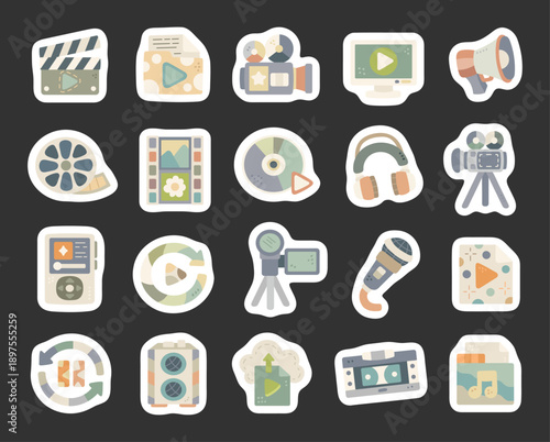 Content creation set in scandinavian style media production tools video audio film camera sound playback recording upload streaming devices symbols