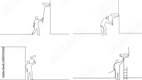 A group of Man repair worker holding paintbrush roller one continuous line art, Vector illustration, One line art, Line art graphic style