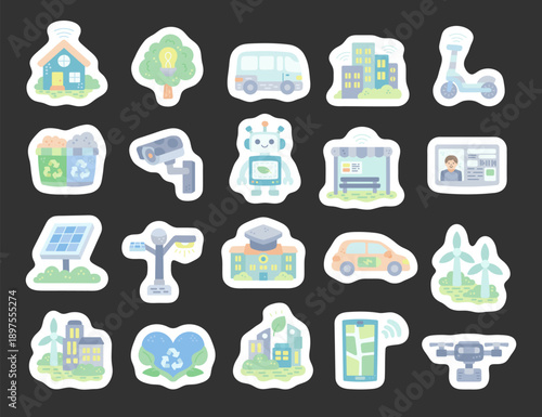 City technology set in scandinavian style smart urban infrastructure transport energy buildings mobility recycling robotics solar wind housing education