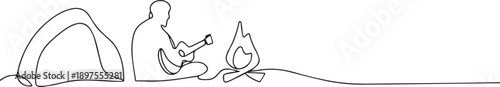 Man with campfire continuous line art, Vector illustration, One line art, Line art graphic style