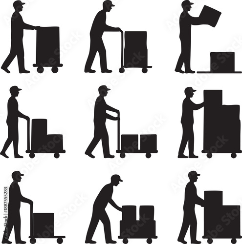 Professional silhouette illustrations depicting movers actively engaged in pushing carts, lifting, and transporting packages, ideal for modern logistics and delivery services