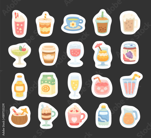 Fresh drink set in scandinavian style featuring beverages cup glass bottle mug cocktail juice coffee tea smoothies refreshments cafe serving