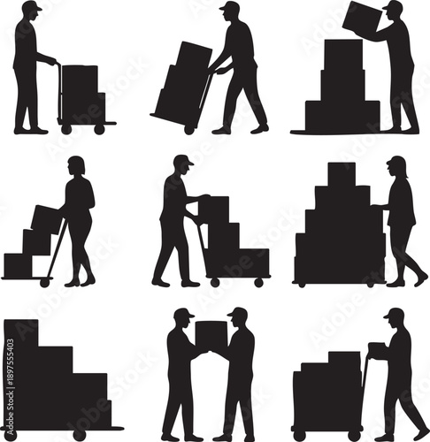 Warehouse workers in silhouette loading boxes onto dollies and hand trucks in a distribution center