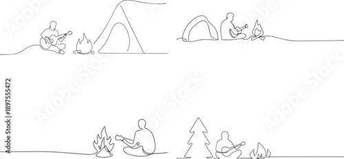 A group of Man with campfire continuous line art, Vector illustration, One line art, Line art graphic style