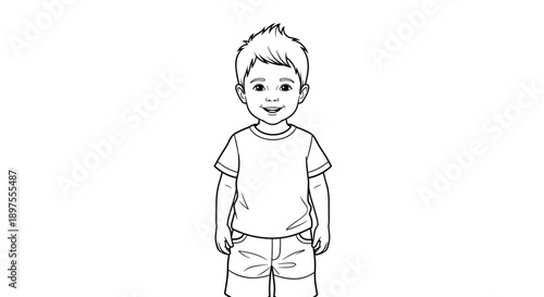 Simple Line Drawing of a Young Boy Standing.