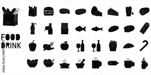Food and Drink Icons Set Featuring Groceries Meals and Beverages Keywords: food, drink, meal, beverage, grocery, shopping bag