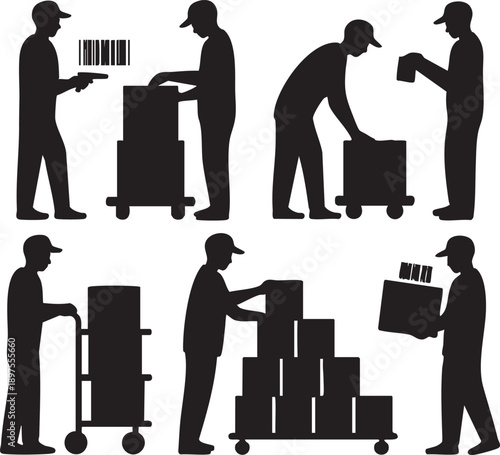 Dynamic silhouettes of warehouse and logistics workers performing essential tasks scanning, packing, stacking, and transporting goods for efficient supply chain management and delivery