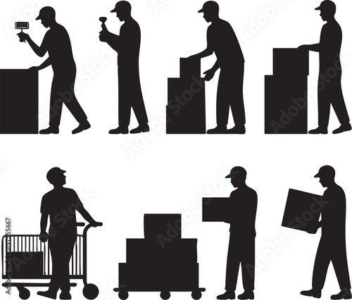 Dynamic silhouette collection depicting various workers handling packages and logistics tasks, illustrating efficient manual labor and essential delivery processes within the supply chain