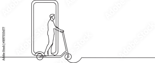 Man ride electric scooter one continuous line art, Vector illustration, One line art, Line art graphic style