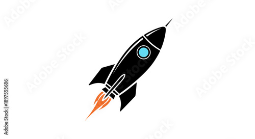 Sleek Black Rocket Ship Ascending with Fiery Exhaust.