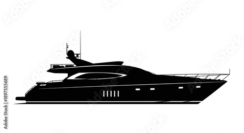 Sleek Black Luxury Yacht Silhouette on White Background.